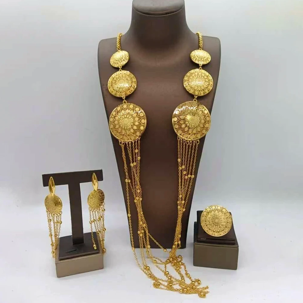 African Gold Color Jewelry Set for Ladies Bohemia Flower Design Long Chain Necklace and Earrings with Ring Set for Weddings Gift