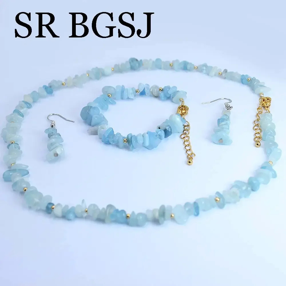 6-8mm Blue Aquamarine Natural Gemstone Womens Necklace Bracelet Jewelry Set 17.5 7-8 241031