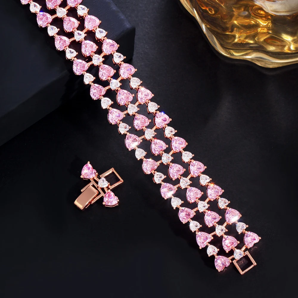 ThreeGraces High Quality Pink Cubic Zirconia Rose Gold Color Love Heart CZ Bridal Wedding Bracelet for Women Prom Jewelry BR307
