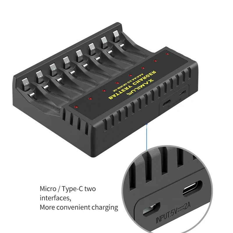 PUJIMAX 8-Slot Battery Charger LED Independent Show Charging Status for 1.2V AA/AAA Rechargeable Batteries with Micro USB Cable