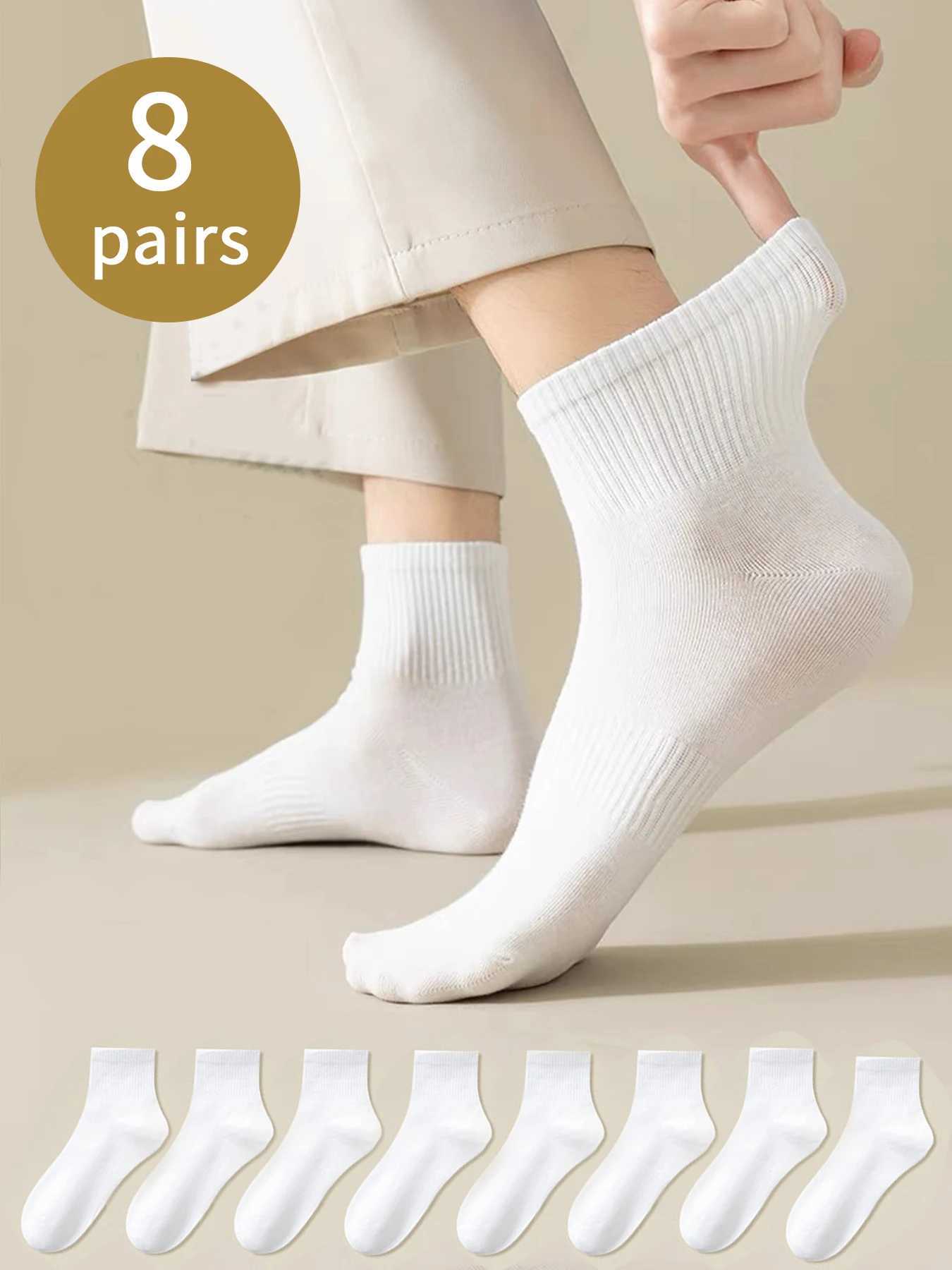 8pairs Men White Solid Color Korean Style Mid-Tube Fashionable Unisex Summer Sports Long Couple For Autumn A LX241102