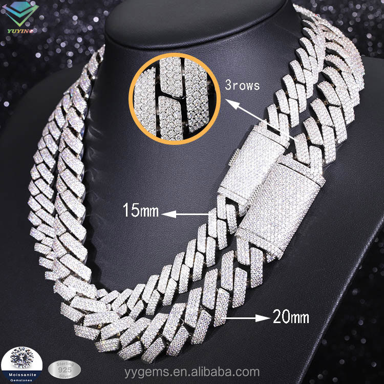 Fine jewelry necklaces bracelets 3 Rows 15mm 20mm dia hip hop Cuban k Chain VVS Moissanite sterg sier gold plate