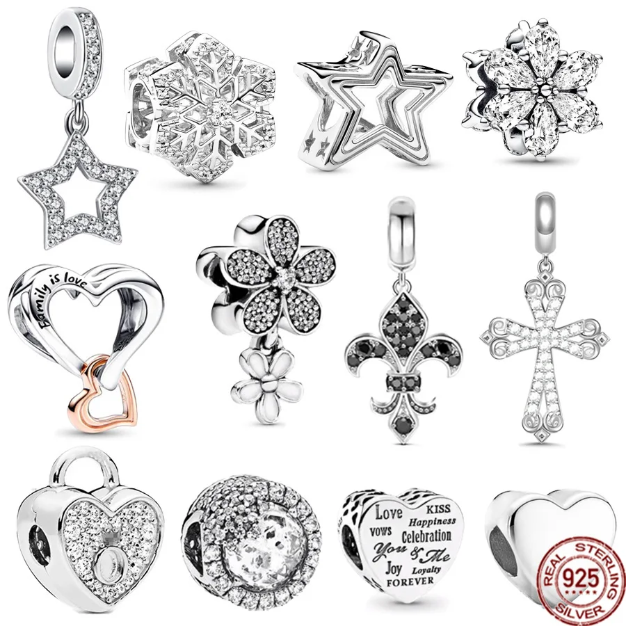 Authentic 925 Sterling Silver Radiant Star Festive Snowflake Jesus Cross Dangle Charm Bead Fit Original Bracelet Jewelry