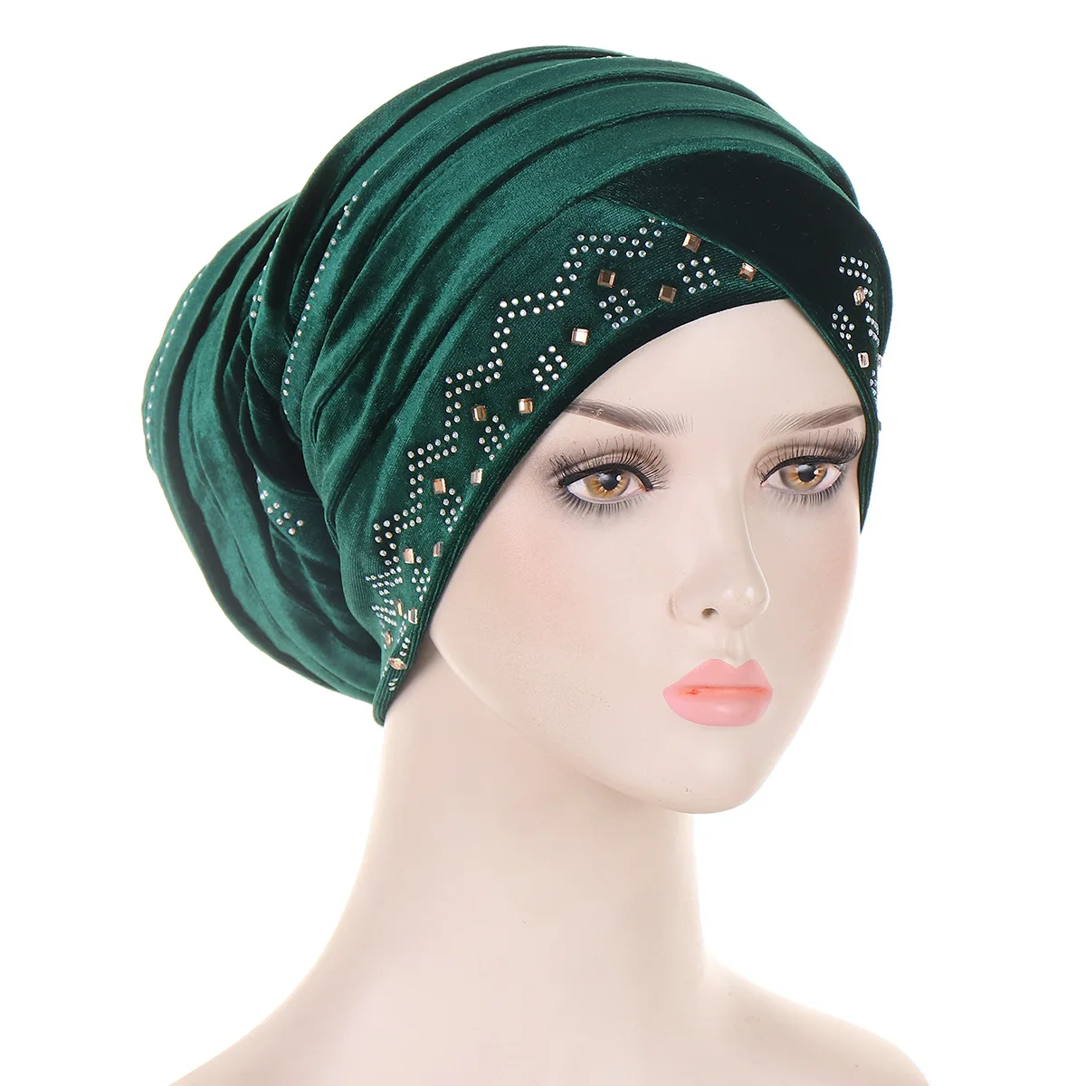 Glitter Diamonds Pleated Turban Cap Women Soft Velvet Head Wraps Caps Muslim Headscarf Bonnet Female Beanie Pullover Cap