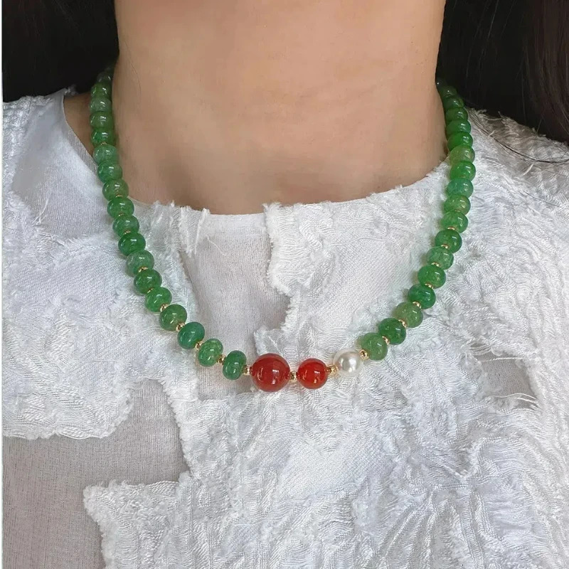 Classic Green Natural Stone Beads Chinese Style Necklace Vintage Red Agate Pearl Bracelet Earrings Jewelry Set Bead Chain 241031