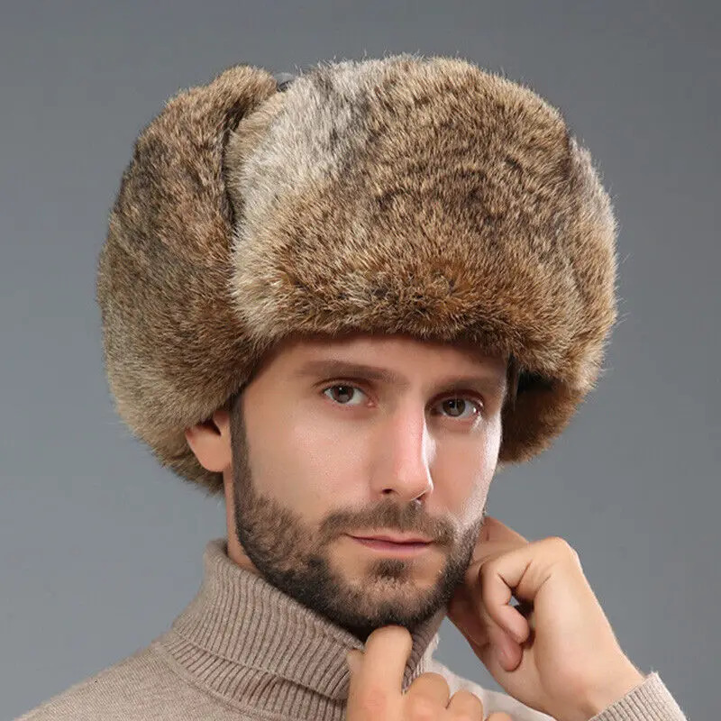Mens Winter Warm Rabbit Fur Windproof Hat Catcher Earrings Ski Hat Warm Outdoor Work Earrings 241031