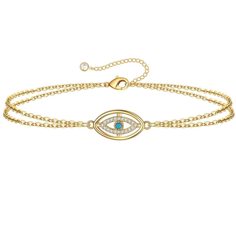Dainty Gold Bracelet for Women 14K Gold Plated Evil Eye Turquoises Charm Bracelet Satellite Chain Jewelry Cute for Girls Women