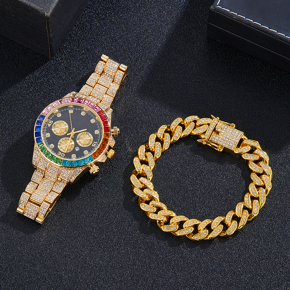 Rock Style 14K Golden Plated Men's Watch Set Colorful Baguette CZ Dial with Iced out Cuban Chain Bracelet Set with gift box