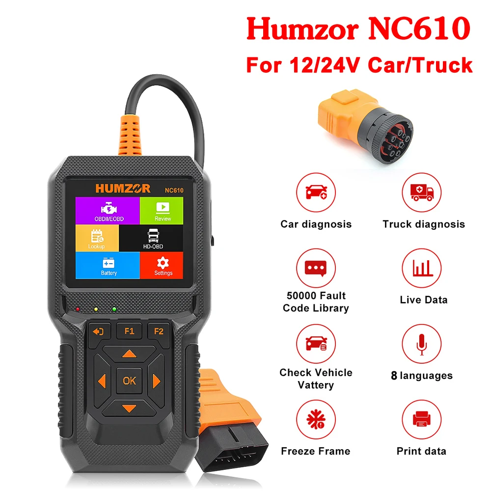 HUMZOR NC610 12V/24V Code Reader OBDII Engine J1939 For Car Automotive Scanner for Scania Truck OBD 2 OBD2 Diagnostic Auto Tool