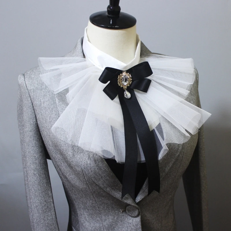 Womens Steampunk Colonial Jabot Necktie Victorian Layered Ruffle Mesh Tulle Neck Collar with Bowknot Costume Accessories