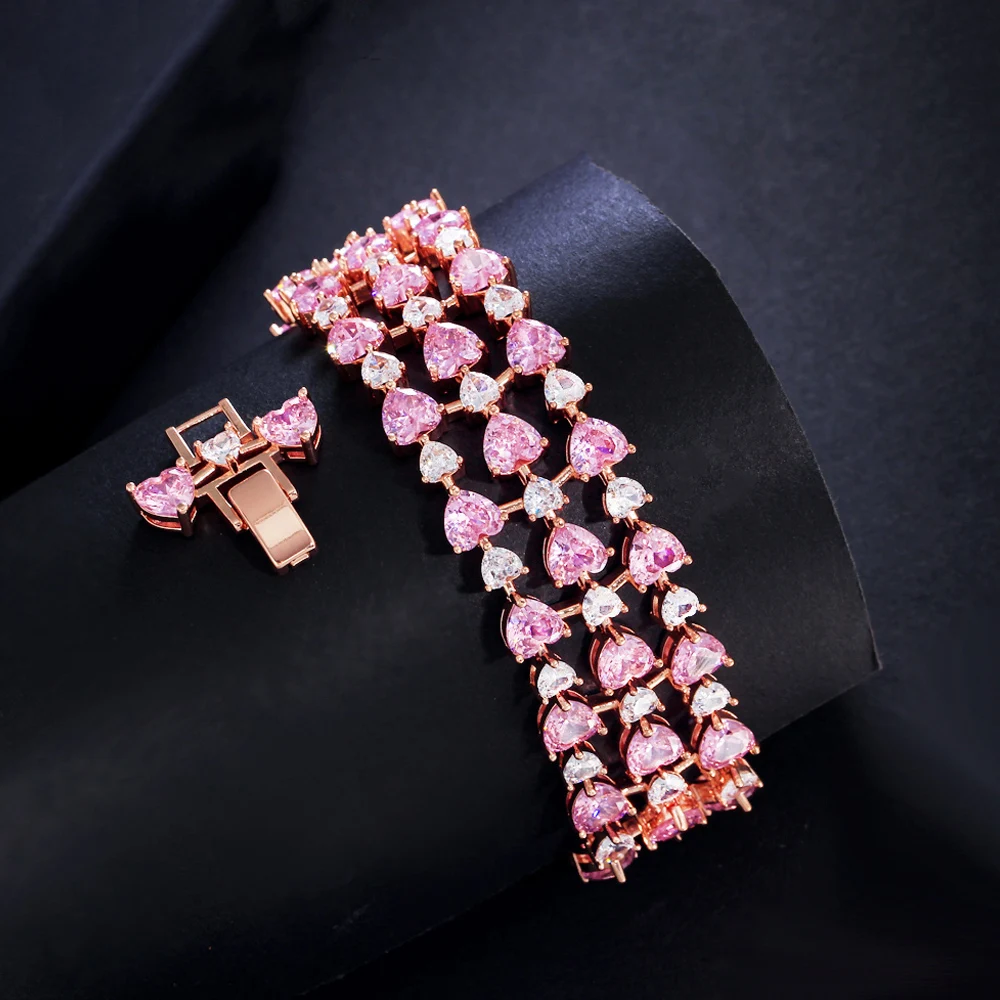 ThreeGraces High Quality Pink Cubic Zirconia Rose Gold Color Love Heart CZ Bridal Wedding Bracelet for Women Prom Jewelry BR307