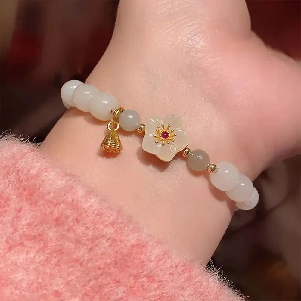New Chinese Style Jade Bracelet Women's Ancient Style Flower Bead Bracelets Woven Hand Rope Girlfriends Jewelry