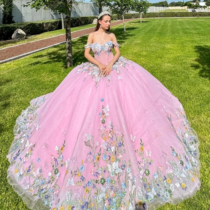 Pink Shiny Quinceanera Dresses Ball Gown Sweetheart Applique Lace Beading Bow Tulle Lace-Up Backless Party Princess Sweet 16 Dress Vestidos De 15 anos