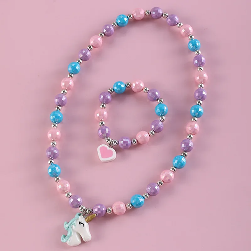 Makersland Children Necklace Bracelet Set,Cute Pendant Pink Purple Beaded Jewellery Girls Necklace Beads Jewelry Sets Wholesale