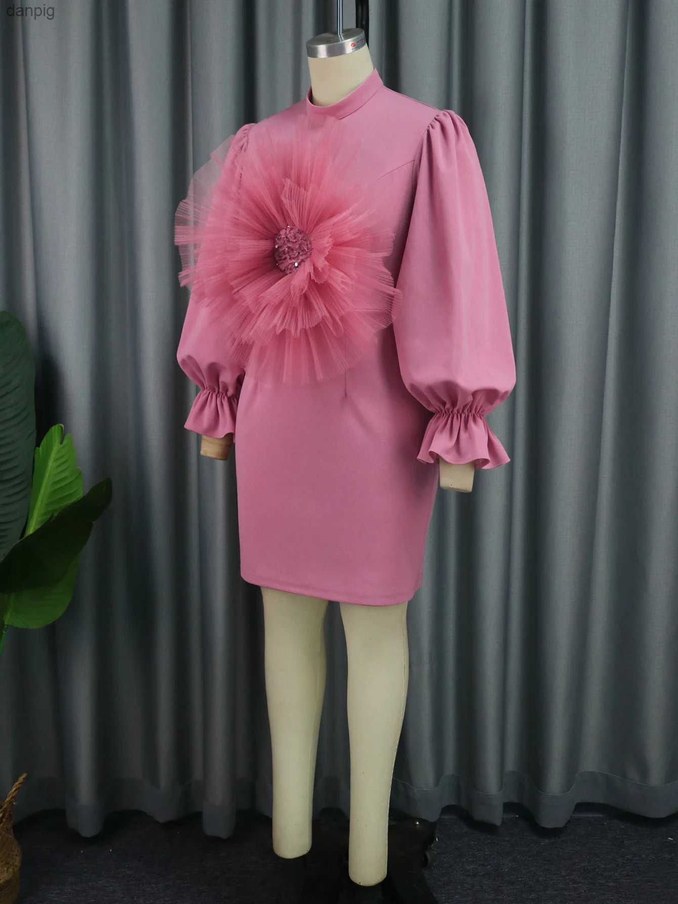 Urban Sexy Dresses Womens mini dress large rose high neck long Sve Bodycon cocktail skirt party wedding dress club attire plus size Y240402
