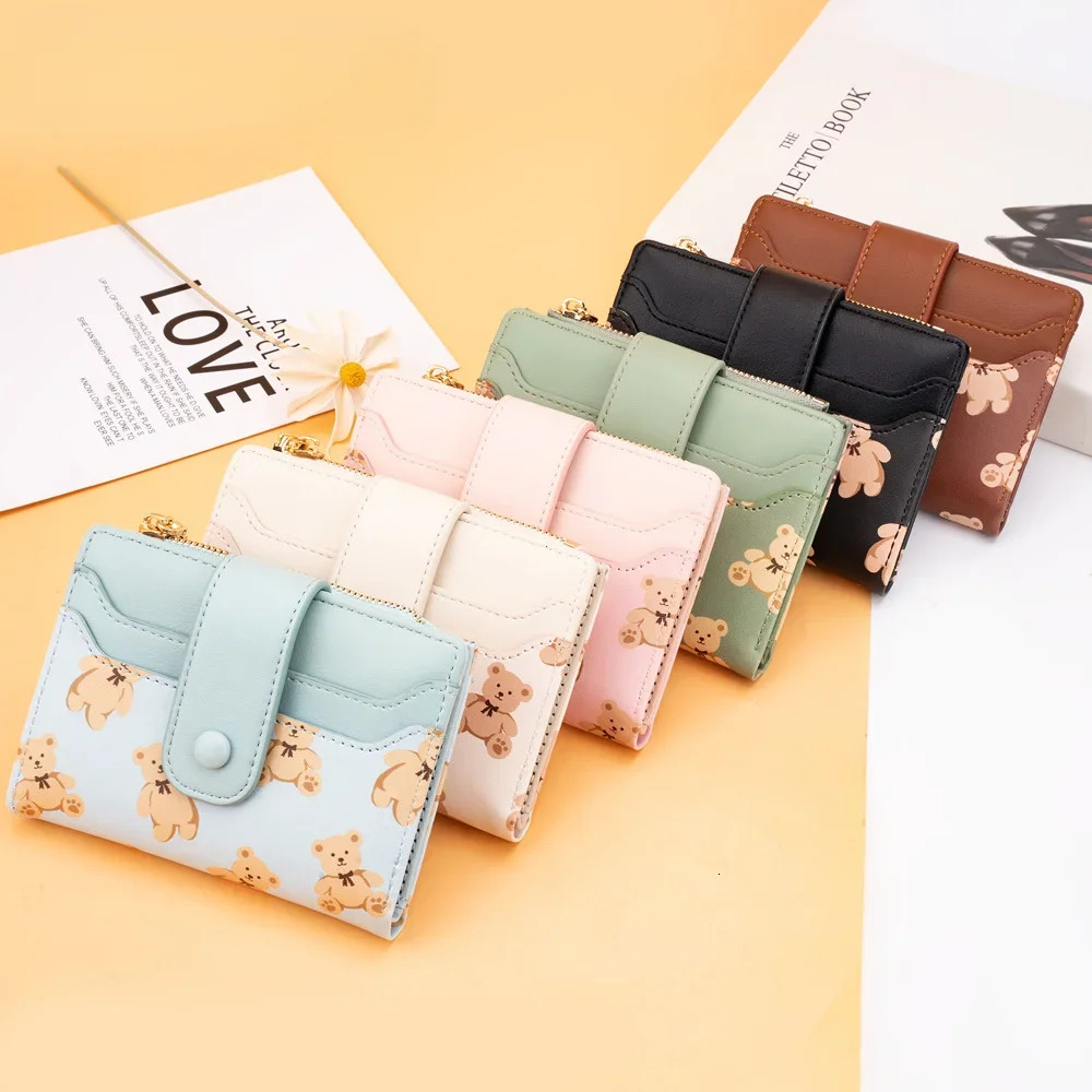 New designer women's short wallet PU leather women's double fold wallet cute bear card girl small zipper wallet with coin wallet