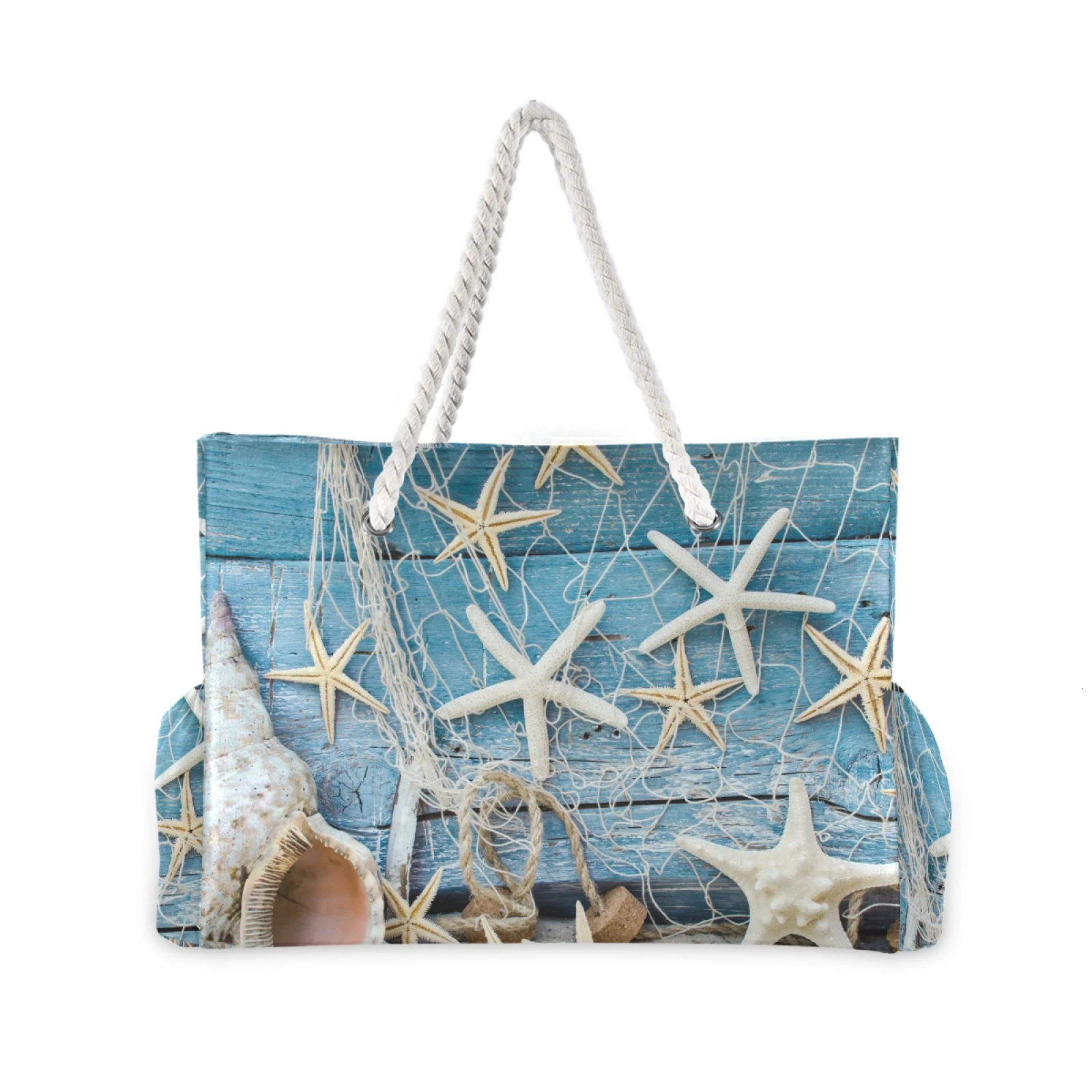 Ladies Shoulder Bag Blue Ocean Seashell Beach Sand Prints Tote Shopping Bag Linen Fabric Beautiful Casual Practical Handbag 240320