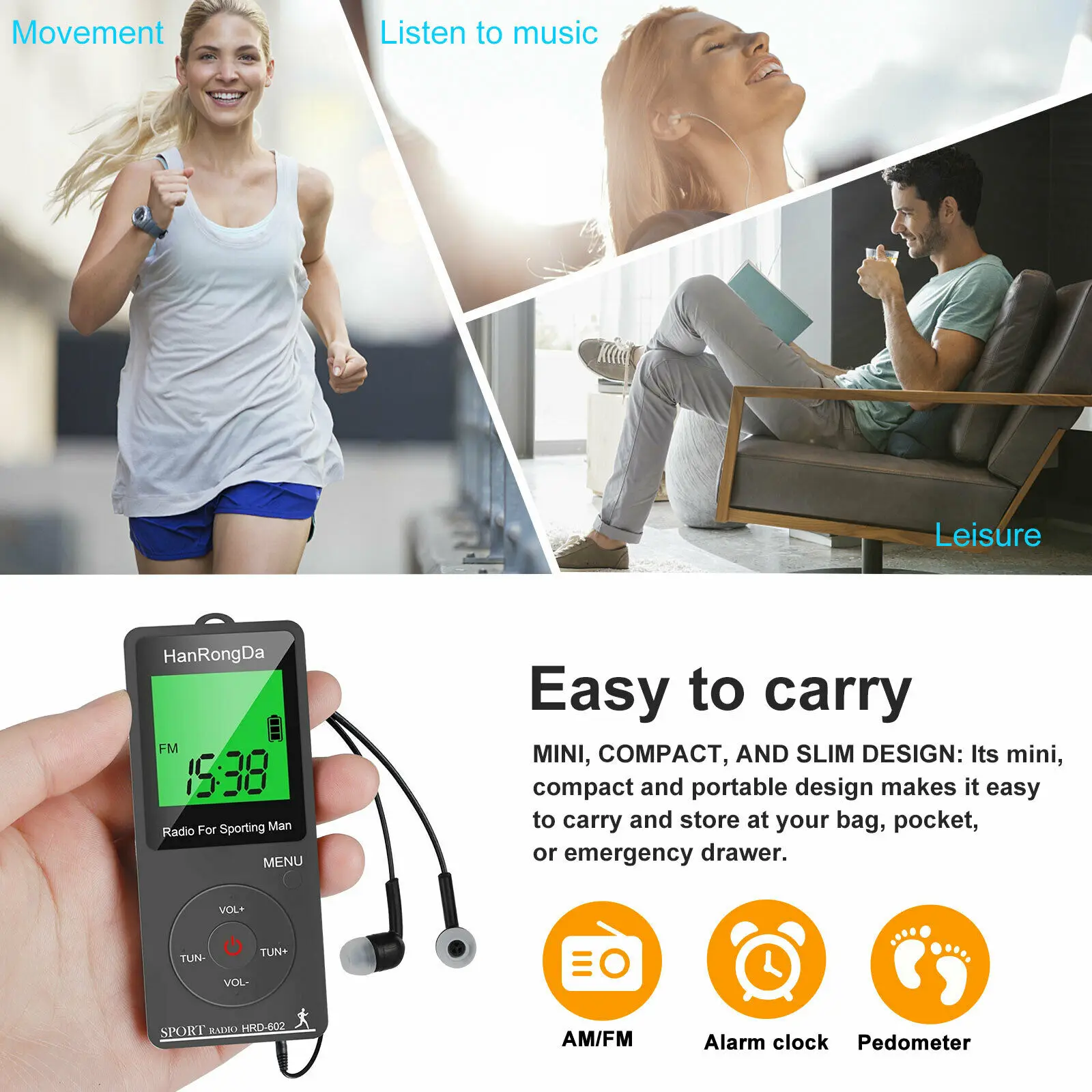 Portable LED Display with Pedometer Headphones Digital Tuning Sports Radio for AM FM Mini Radio for Running Walking Pocket Radio