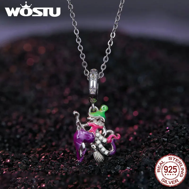 WOSTU 925 Sterling Silver Halloween Gift Skull Heart Pendant luminous Witch Charms Evil Eye Candy Beads Fit Bracelet DIY Neckace