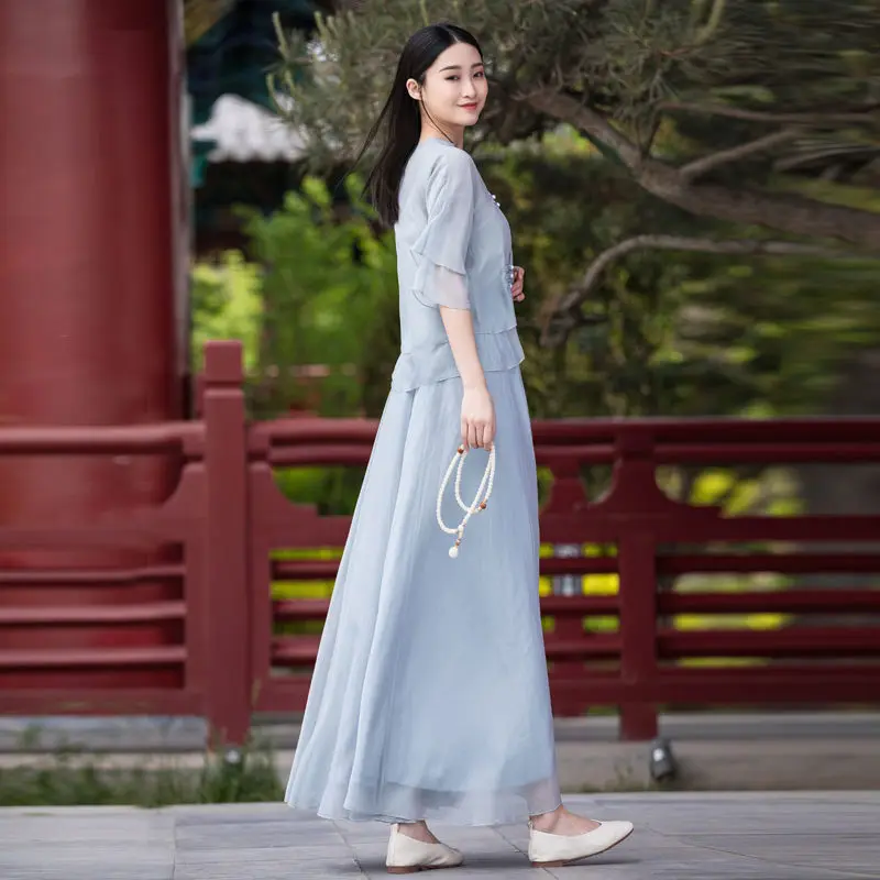Improved Retro Hanfu Summer Skirt Women's Suit Cheongsam Chinese Zen Tea Clothes Fairy Chinese Suit Women Chinese Traditional