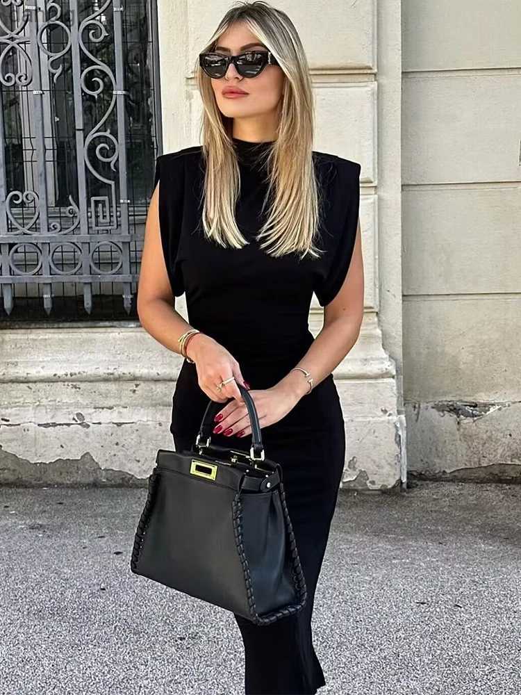 Urban Sexy Dresses TRAF womens long dress Sleve Midi dress with shoulder pads autumn 2023 Bodycon dress elegant party dress for women Y240402