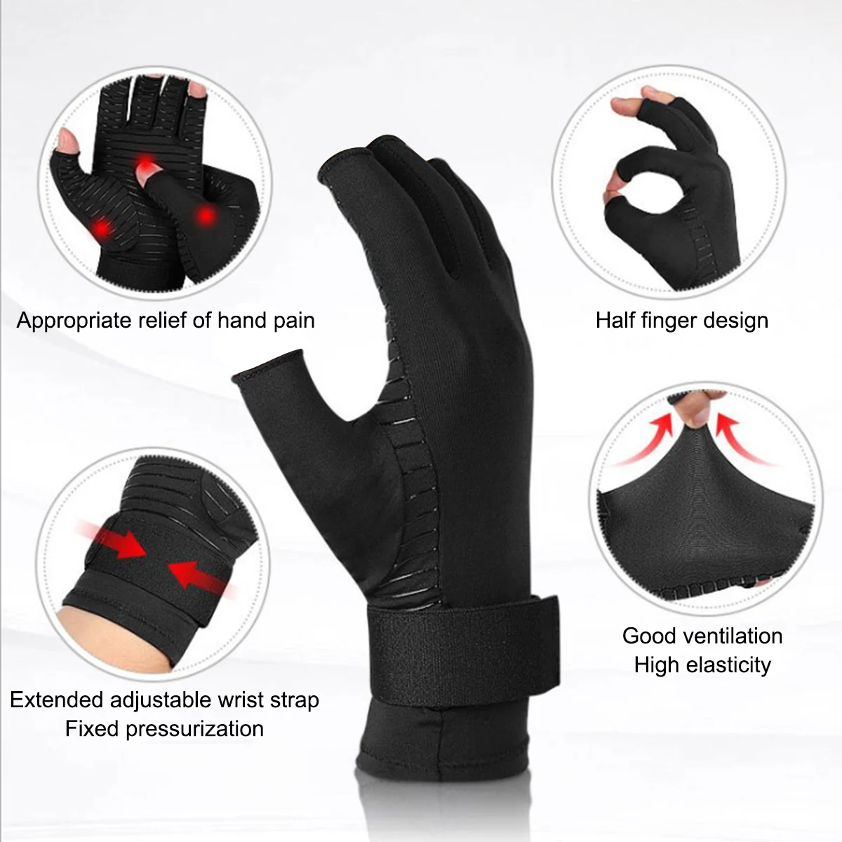 Arthritis Half Finger Gloves Copper Fiber Pressure Joint Pain Relief Half Finger Gloves Treatment Wrist Support Non-slip Gloves