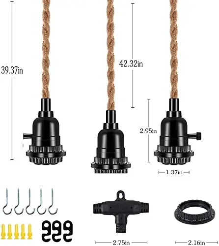 6.8M 3 Heads Vintage Style Hemp Rope Pendant Light Cord Kits US EU Plug Switch E26 E27 Lamp Holder for Simple Hanging Lamp Decor