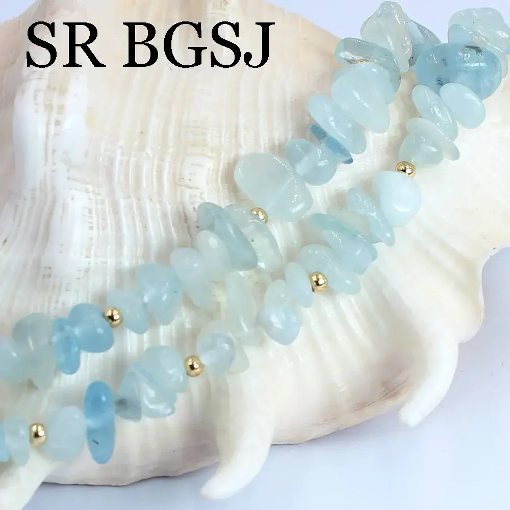 6-8mm Blue Aquamarine Natural Gemstone Womens Necklace Bracelet Jewelry Set 17.5 7-8 241031