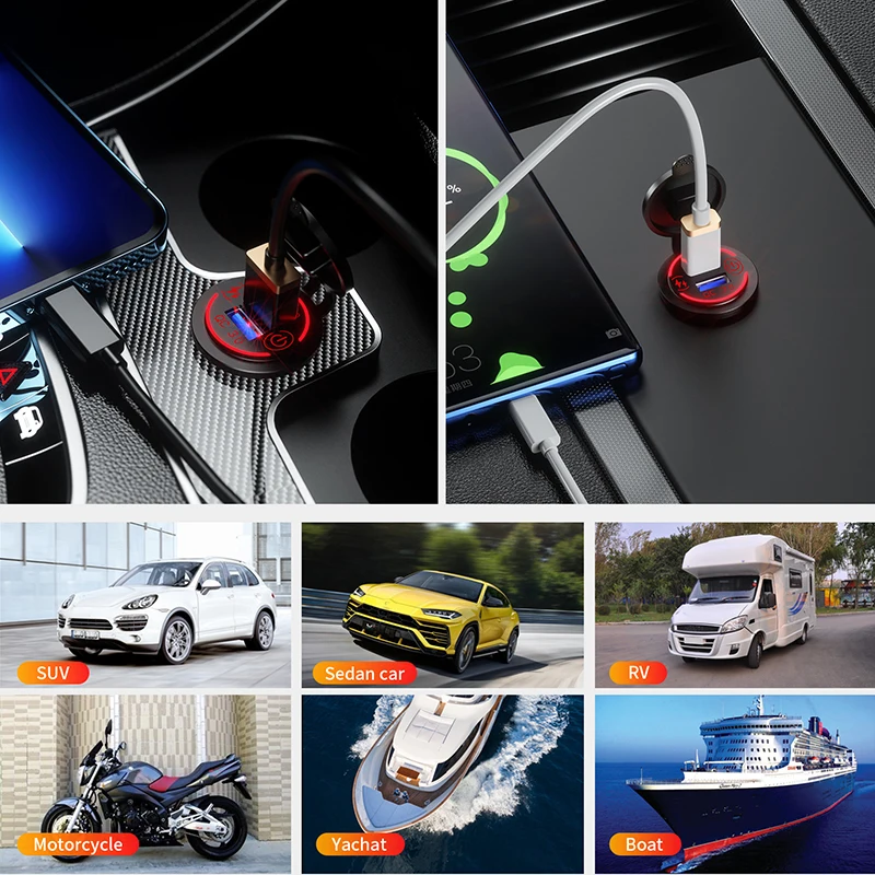 12V/24V Dual QC3.0 Car Charger Socket Power Outlet Adapter USB Fast Charger Waterproof for Boat RV Marine Motocycle SUV RV