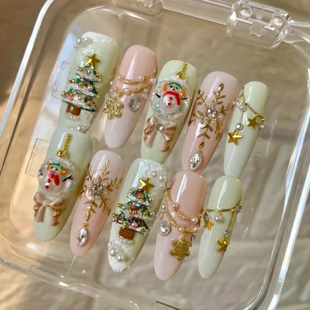 10 pieces of Christmas nail ballet style handmade cute snowman 3D long oval fake nail n art DIY nails pressed on nails 241031