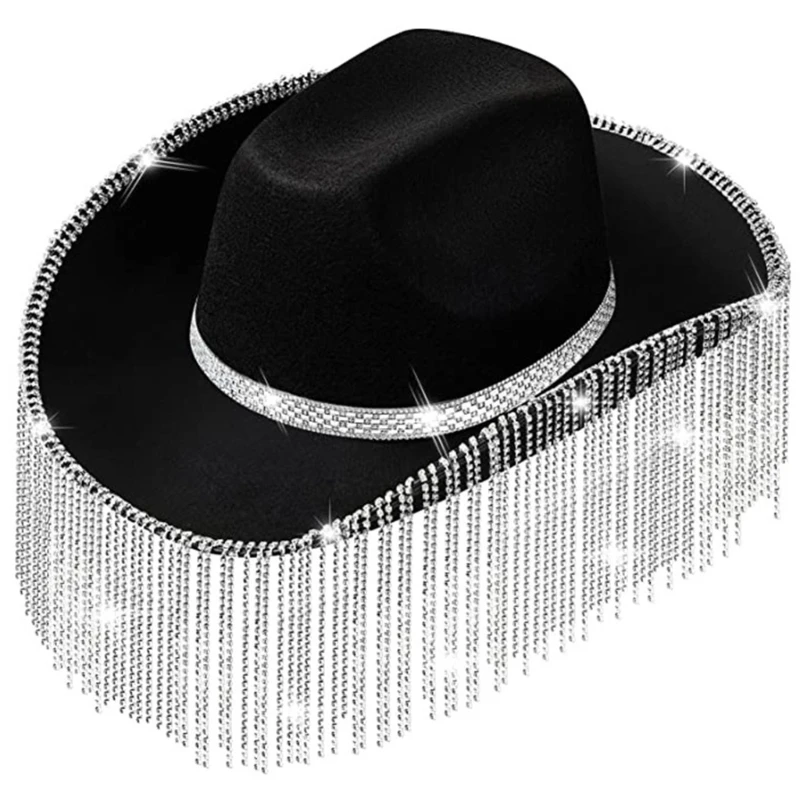M2EA Rhinestones Cowgirl Hats Glitter Rave Cow Girl Hat with Rhinestones Fringe Adult Size Cowboy Hat for Party 3 Color
