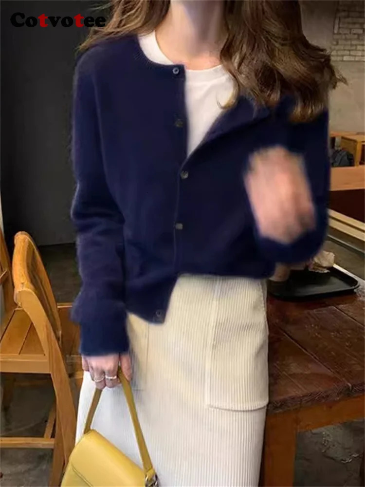 Womens knitted cardigan wool sweater Korean fashion button up basic slim fit sweater elegant and unique autumn and winter navy blue gray Mu top 241031