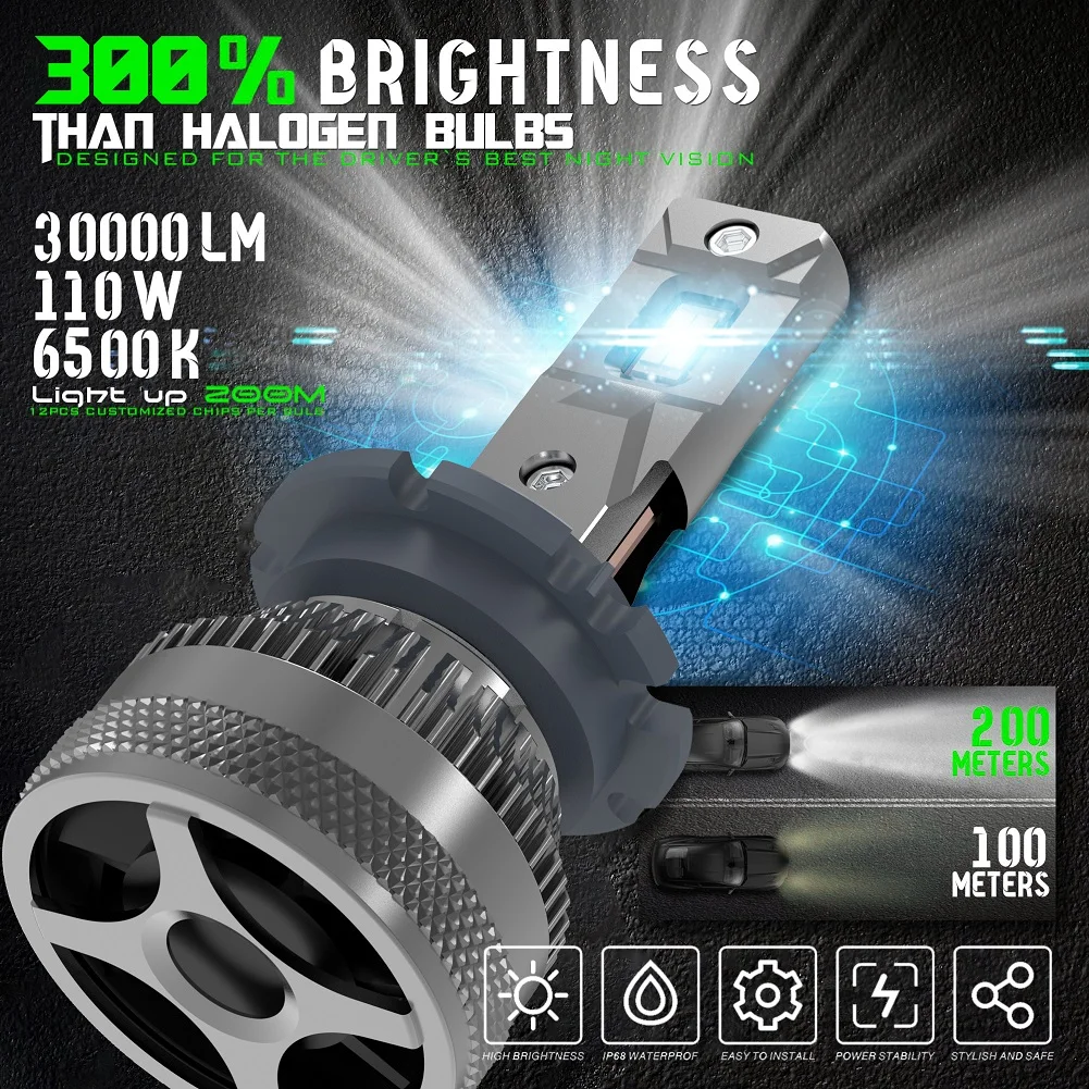 Bombillas LED para faros delanteros de coche, D2H, H7, H18, CSP, 3570 Chips, 30000Lm, superbrillante, 110W, termotubo, 6500K, CANbus blanco, libre de 