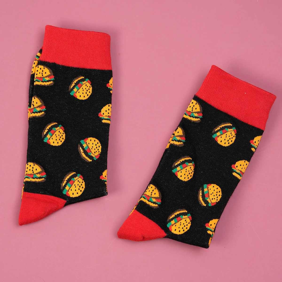 1 Pair Hamburger Printed Novelty Breathable Mid Tube Mens and Womens Suit In All Seasons For Daily LX241102