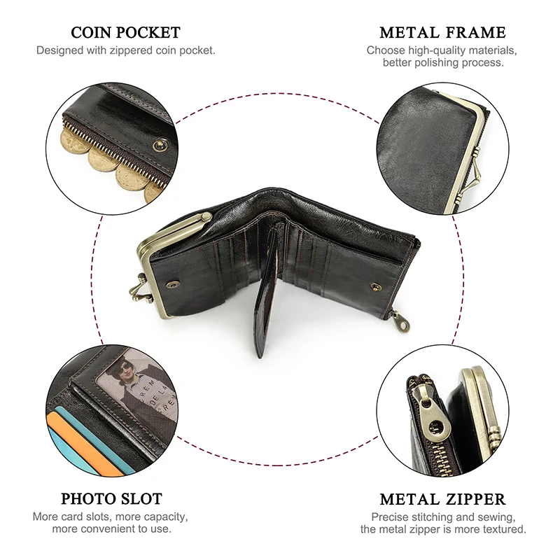Genuine Leather Clutch Bag Women's Small Metal Frame Purse Clasp and Zipper Coin Pocket for Credit Card Holder Wallets