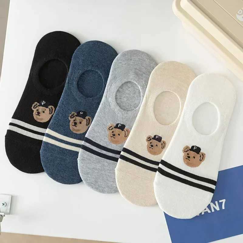 5 pair/batch fashion men boat non slip transparent silicone cotton ankle slippers Cartoon bear summer autumn LX241102