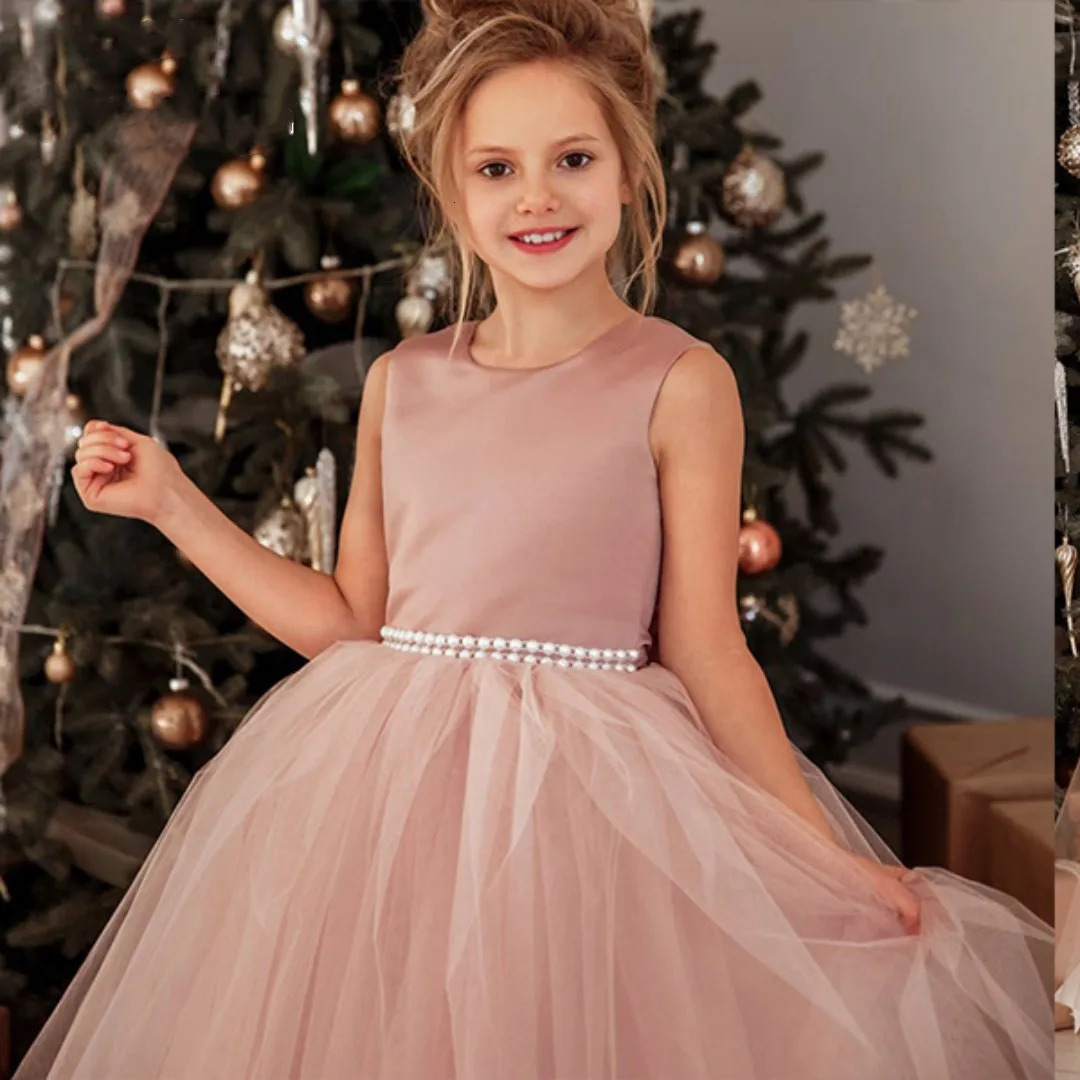 Flower Girls Dresses Tulle Princess Pageant Dress For Wedding Kids Pearls Prom Ball Gowns With Bowknot Girl 240403