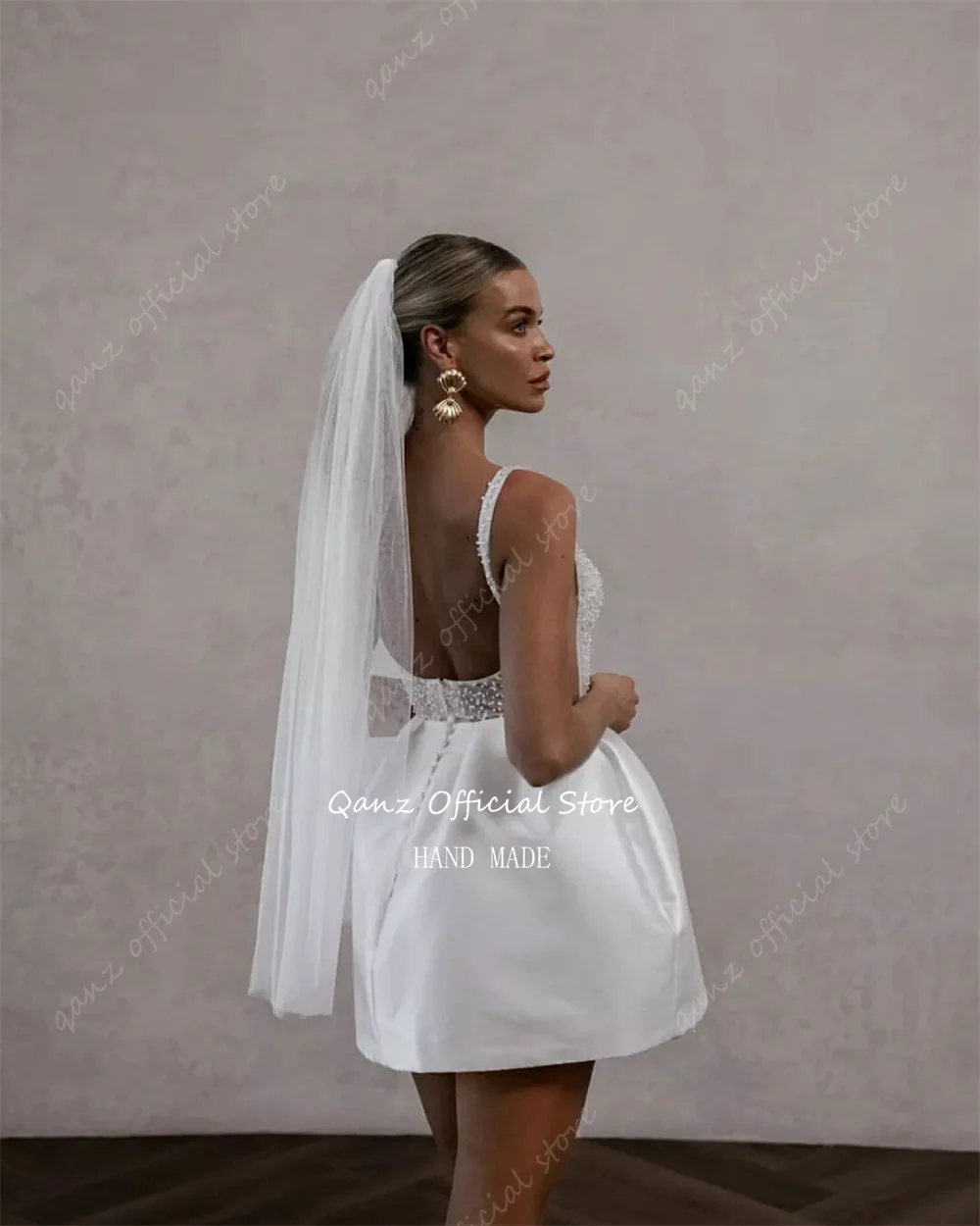 Qanz Pearls Satin Short Wedding Dresse new Spaghetti Straps Above Knee Length Bridal Gowns Robe De Mariage 2025 2024 Cooktail Party Dress