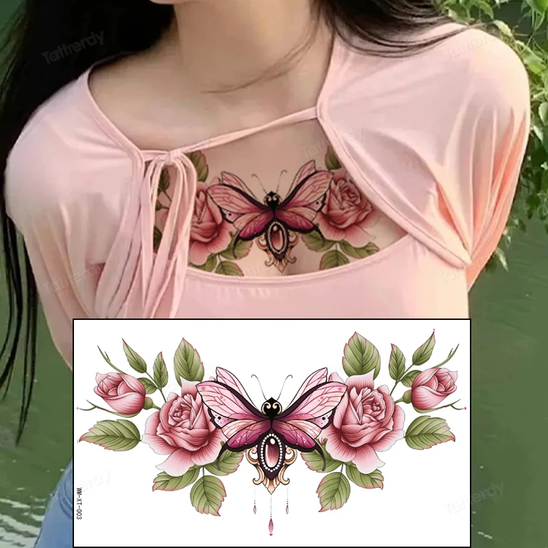 Flower Tattoo Sexy Sternum Fake Tattoos for Woman Chest Temporary Tattoos Waterproof Lasting Under Breast Plant Tattoo Stickers