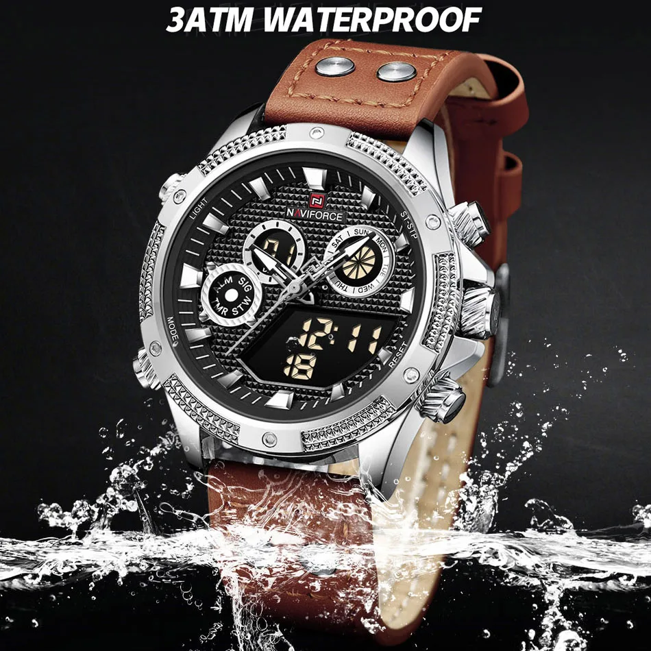 NAVIFORCE Men Sport Wristwatch Leather Strap Waterproof Quartz Watch Dual Display Digital Luminous Male Clock Relogio Masculino