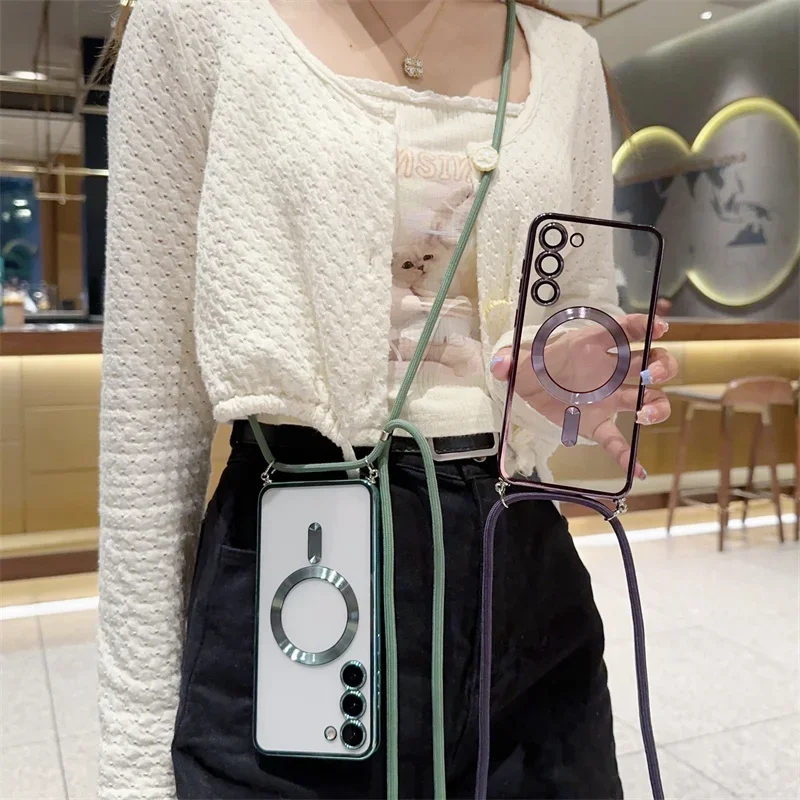 Crossbody Lanyard Magnetic Clear Case Samsung Galaxy S24 S23 S22 S21 FE Ultra Plus For Magsafe Electroplated Soft TPU Cover