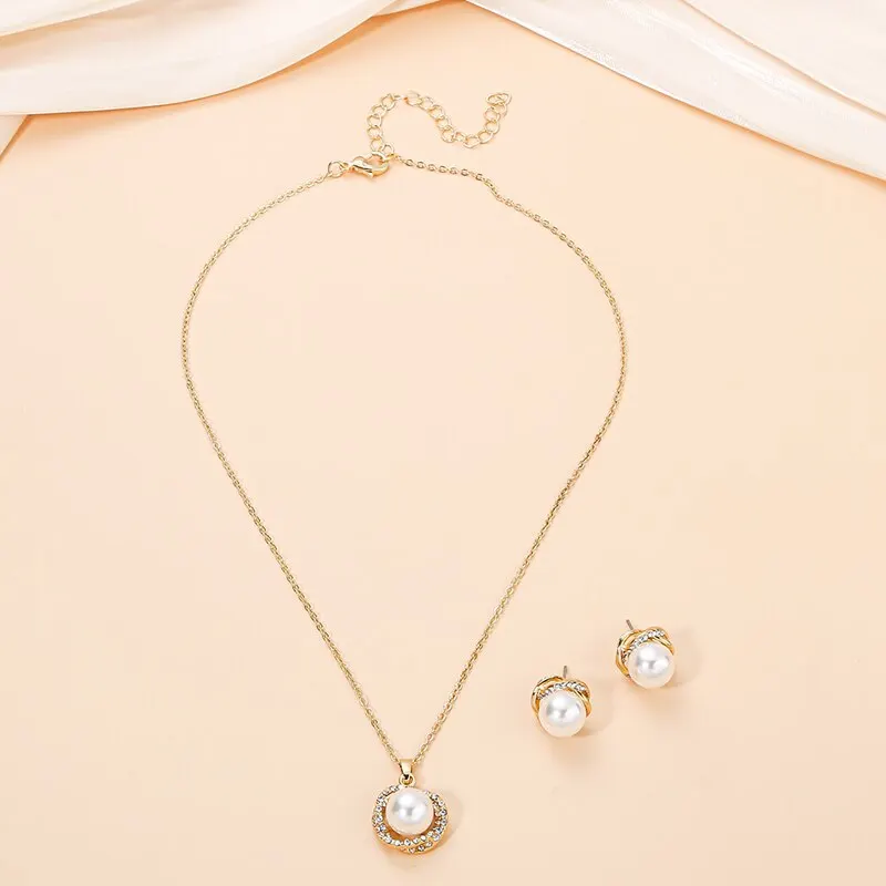 South Sea Shell Pearl Gold-Color Jewelry Sets for Women Cubic Zirconia Necklace Earrings With Party Birthday Wedding Gift