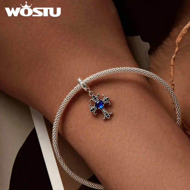 WOSTU 925 Sterling Silver Vintage Lucky Hand of Fatima Charms Blue CZ Cross Pendnat Evil Eye Bead Fit DIY Bracelet Necklace Gift
