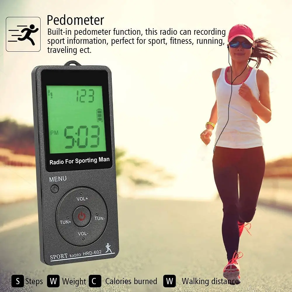 Portable LED Display with Pedometer Headphones Digital Tuning Sports Radio for AM FM Mini Radio for Running Walking Pocket Radio