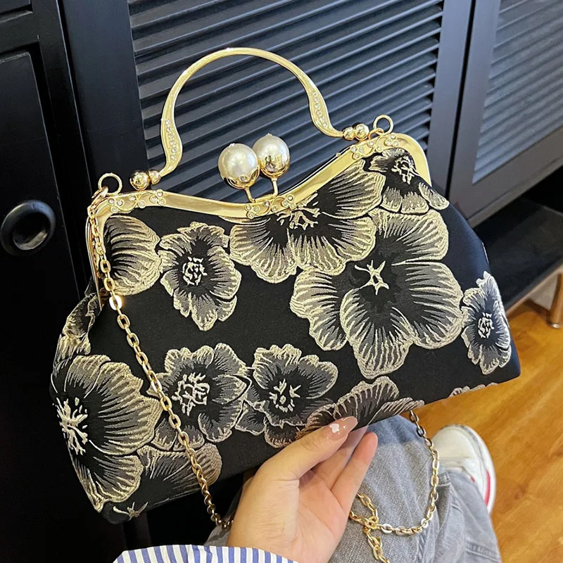 Vintage womens flower wallet and handbag evening clutch embroidery chain cross body bag wedding shell clip handbag 241031