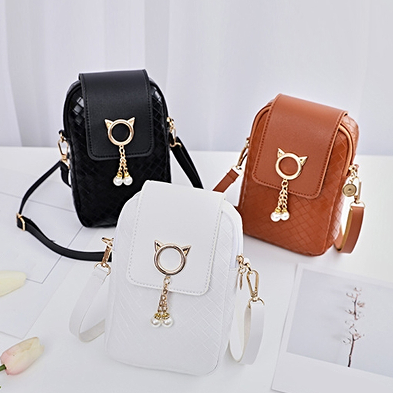 Leather Women Mini Cross-body Mobile Phone Shoulder Bag Woven Pearl Tassel Cover-style Female Bag Shoulder Diagonal Bag