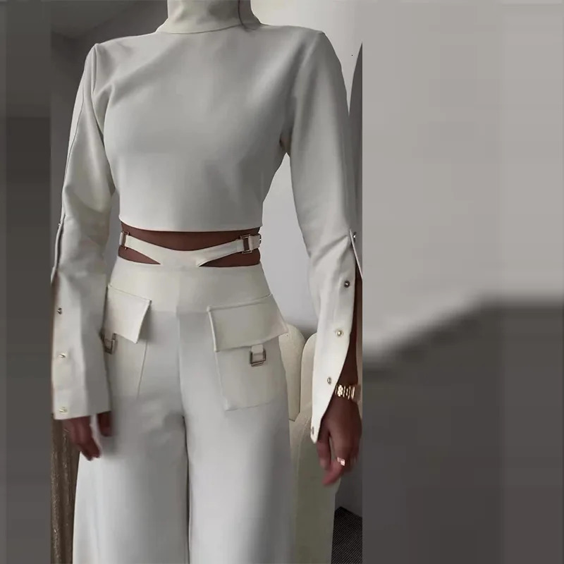 Womens pants set solid two-piece turtle neck full sleeved top sexy wide leg pants loose casual patchwork 241031