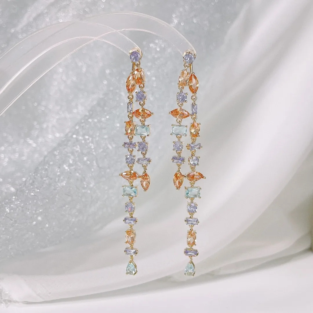 Christmas jewelry fashion long tassel cz girl earrings rainbow cz chain earrings Brincos Bijoux 241031