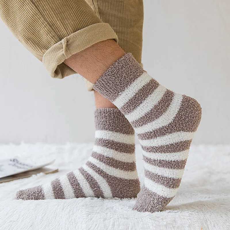 Striped Men Thick Coral Velvet Winter Warm Soft Man Fluffy Home Indoor Floor Terry Towel Fuzzy Sock Mens Male Meias LX241102