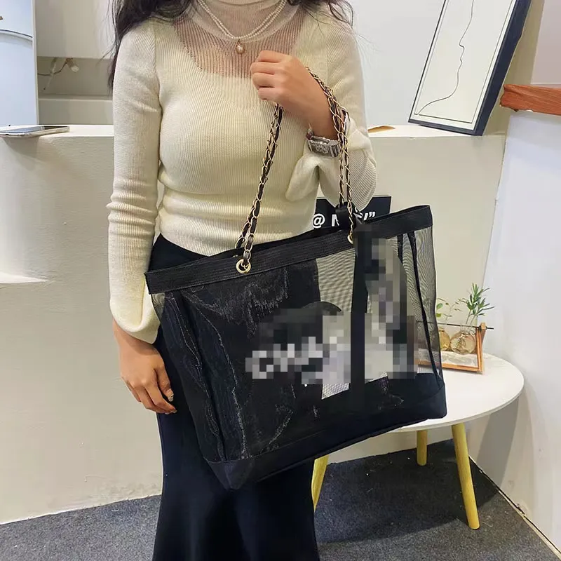 2025 new Chic Black Mesh Shoulder Bag - Designer Inspired Transparent Tote for Women's Fashion & Shopping